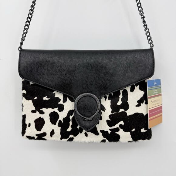 SevenDays Cow Print Haircalf Crossbody Shoulder Bag Black White Chain Strap Y2k - Picture 3 of 9